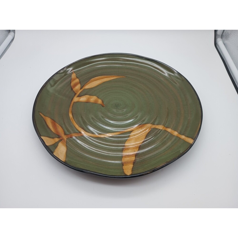 Pier One Large Round Serving Platter Dark Green Swirled Golden Leaves Dakara 13"